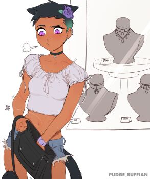 1girl absurdres bag black_choker black_hair breasts choker collarbone commentary covered_erect_nipples dark-skinned_female dark_skin denim denim_shorts ear_piercing english_commentary face_piercing green_hair highres multicolored_hair navel nose_piercing original piercing pink_eyes pudgeruffian riley_fairfeather short_hair short_sleeves shorts simple_background small_breasts solo stomach two-tone_hair undercut