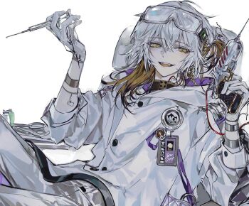 1other :d androgynous asymmetrical_hair badge bandaid bandaid_on_neck blood bodysuit bodysuit_under_clothes brown_hair chair coat colored_inner_hair evl_1230 gloves goggles goggles_on_head grey_bodysuit gun highres holding holding_gun holding_weapon hood hood_down hooded_coat id_card long_sleeves looking_at_object medicine_pocket multicolored_hair on_chair open_mouth other_focus pants pocket puffy_long_sleeves puffy_sleeves reverse:1999 safety_glasses scissors scissors_hair_ornament sitting sleeve_rolled_up smile solo solo_focus sticker streaked_hair surgical_scissors turtleneck turtleneck_bodysuit two-sided_coat two-sided_fabric weapon white_background white_coat white_gloves white_hair white_pants yellow_eyes