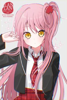 Rule 34 | 1girl, black jacket, chromatic aberration, collared shirt, commentary request, cross hair ornament, hair ornament, half updo, hinamori amu, jacket, korean commentary, lan lan, long hair, looking at viewer, necktie, pink hair, pink nails, red necktie, school uniform, shirt, shugo chara!, sidelocks, solo, white shirt, yellow eyes