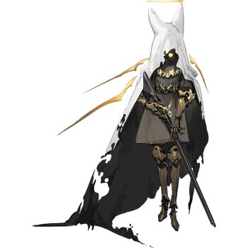 1other animal_ears arknights arm_armor armored_boots azling boots brown_dress detached_wings dress elite_shrine_marksman_(arknights) full_body gold_halo golden_wings gun halo holding holding_gun holding_weapon limited_palette object_with_halo official_art rifle simple_background solo standing tachi-e third-party_source traditional_halo transparent_background veil weapon white_veil wings