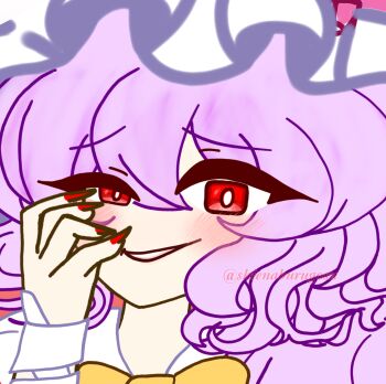 arm_up bright_pupils flandre_scarlet flandre_scarlet_(vampire_pursuing_the_hunter) highres light_blush purple_hair shiena_scarlet touhou touhou_lostword white_pupils