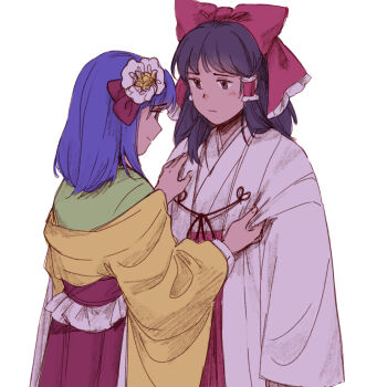 2girls :| adjusting_another's_clothes black_eyes black_hair bow chihaya_(clothing) closed_mouth flower frilled_hair_tubes frills green_kimono hair_bow hair_flower hair_ornament hair_tubes hakama hakama_skirt hakurei_reimu hashtag-only_commentary hieda_no_akyuu highres japanese_clothes kimono long_hair long_sleeves miko multiple_girls nekolina purple_eyes red_bow red_skirt simple_background skirt smile touhou upper_body white_background white_flower white_kimono wide_sleeves yellow_kimono