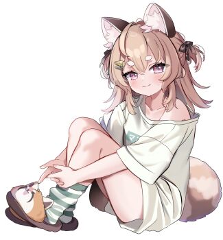 1girl animal_ears animal_slippers brown_hair chocola_vt commentary english_commentary full_body hair_ornament hairclip highres hugging_own_legs interlocked_fingers komachi_panko long_hair looking_at_viewer loose_socks no_pants off_shoulder oversized_clothes oversized_shirt own_hands_together phase_connect pink_eyes raccoon_ears raccoon_girl raccoon_tail shirt simple_background sitting slippers socks striped_clothes striped_socks sweatdrop tail two_side_up virtual_youtuber white_background white_shirt
