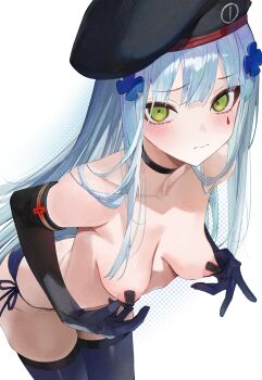 1girl absurdres bare_shoulders beret black_choker black_hat black_panties black_thighhighs blush breasts choker closed_mouth covered_erect_nipples cross cross_pasties elbow_gloves girls&#039;_frontline gloves green_eyes grey_hair hair_ornament hat highres hk416_(girls&#039;_frontline) looking_at_viewer medium_breasts panties pasties side-tie_panties solo suujiniku teardrop_facial_mark thighhighs thighs topless_female underwear