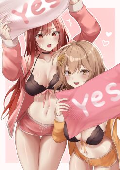 2girls absurdres ahoge alternate_costume anis_(nikke) arms_up black_bra black_choker blush bra breasts brown_eyes choker cleavage commentary_request goddess_of_victory:_nikke highres holding holding_pillow jacket large_breasts long_hair looking_at_viewer multiple_girls navel nigi_(ngmnoym) open_clothes open_jacket open_mouth orange_jacket orange_shorts pillow pink_jacket pink_shorts rapi_(nikke) rapi_(red_hood)_(nikke) red_eyes red_hair short_hair shorts smile thighs underwear yes-no_pillow