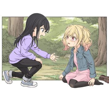 Rule 34 | 2girls, black hair, black pants, black pantyhose, blonde hair, blue jacket, border, brown shoes, bruise, bruise on knee, bruise on leg, bush, collarbone, collared jacket, commentary request, crying, crying with eyes open, dress, eye contact, gradient hair, grey eyes, grey shoes, highres, hoshino ichika (project sekai), injury, jacket, loafers, looking at another, medium dress, medium hair, multicolored hair, multiple girls, offering hand to another, on one knee, open clothes, open jacket, open mouth, outdoors, outside border, pants, pantyhose, pink dress, pink eyes, pink hair, profile, project sekai, shoes, single shoe, sitting, sneakers, tears, tenma saki, tree, twintails, unworn shoes, wariza, white border, yuma727272