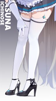 1girl asuna_(blue_archive) black_shoes blue_archive brown_hair character_name chinese_commentary commentary_request garter_straps gloves high_heels highres legs long_hair lower_body maid painterliuhao shoes solo thighhighs very_long_hair white_gloves white_thighhighs