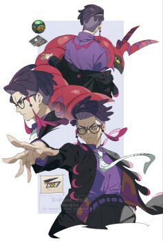 1boy antennae black-framed_eyewear black_hair black_jacket black_pants bug centipede closed_mouth collared_shirt colored_sclera corbeau_(pokemon) dusk_ball eyewear_strap frown gen_5_pokemon glasses highres horns jacket long_sleeves male_focus mega_stone necktie nintendo open_clothes open_jacket pants parted_hair poke_ball pokemon pokemon_(creature) pokemon_legends:_z-a purple_hair purple_shirt round_eyewear scolipede shirt short_hair short_sideburns sss_dxd undercut white_necktie yellow_eyes yellow_sclera