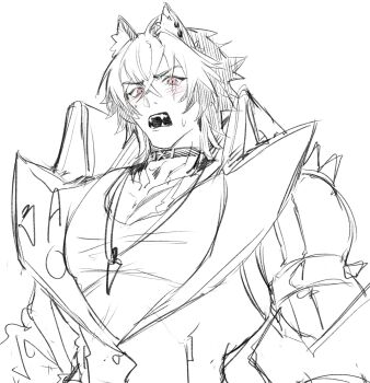 animal_ear_piercing animal_ears black_choker blush choker commentary_request dog_boy dog_ears embarrassed fangs highres jewelry komano_manato multicolored_hair muscular muscular_male necklace pectorals scar scar_on_chest scar_on_face shirt w59o5 white_shirt zenless_zone_zero