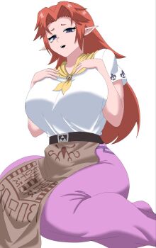 1girl apron artist_request belt blue_eyes breasts cremia female_focus highres huge_breasts kneeling long_hair looking_at_viewer malon nintendo pointy_ears red_hair solo the_legend_of_zelda the_legend_of_zelda:_majora's_mask the_legend_of_zelda:_ocarina_of_time triforce