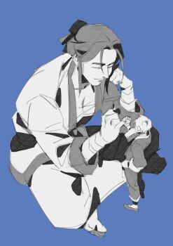 Rule 34 | 2girls, crossed legs, full body, giant, giantess, greyscale with colored background, hair bun, hair ribbon, hand in pocket, hand on own chin, head rest, highres, lee jihye, multiple girls, namgung minyoung, nemomosso, omniscient reader's viewpoint, pinky swear, ribbon, sidelocks, sitting, size difference, smile