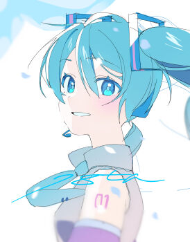 1girl absurdres alt_text anniversary bare_shoulders black_sleeves blue_eyes blue_hair blue_necktie blush collared_shirt commentary_request detached_sleeves from_side grey_shirt grin hair_between_eyes hatsune_miku highres long_hair looking_at_viewer looking_to_the_side necktie number_tattoo portrait shirt shoulder_tattoo sleeveless sleeveless_shirt smile solo tattoo tie_clip twintails vocaloid white_background womiriguramu