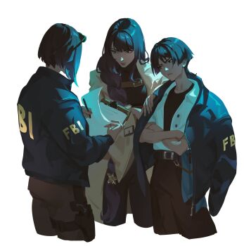 1boy 2girls absurdres aina_(mayexplode) alternate_costume alternate_universe belt black_belt black_eyes black_jacket blunt_ends braid brown_pants chest_belt coat collared_shirt contemporary cropped_legs crossed_arms eyewear_on_head fbi fingernails genshin_impact gun hair_over_shoulder hand_in_own_hair hand_on_another&#039;s_shoulder handgun head_tilt highres holster holstered jacket jacket_on_shoulders kujou_sara long_hair long_sleeves looking_at_another looking_to_the_side low-braided_long_hair low-tied_long_hair multiple_girls open_clothes open_jacket open_shirt pants parted_lips raiden_shogun scaramouche_(genshin_impact) shirt thigh_holster undershirt weapon white_background white_coat white_mouth white_shirt white_sleeves wide_sleeves