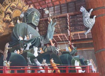 animal animal_focus buddha cat commentary highres indoors matsumoto_ryohei no_humans original rope statue symbol-only_commentary