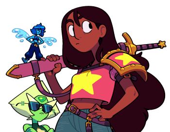 3girls aged_up breasts brown_hair connie_maheswaran crop_top dark-skinned_female dark_skin discount-supervillain gem_(steven_universe) indian kamina_shades lapis_lazuli_(steven_universe) long_hair midriff mini_person minigirl multiple_girls peridot_(steven_universe) steven_universe sunglasses very_dark_skin
