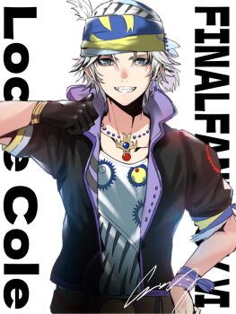 1boy arm_ribbon black_gloves black_jacket character_name commentary_request copyright_name crazy02oekaki earrings final_fantasy final_fantasy_vi gloves grey_eyes grey_hair grin hand_on_own_hip headscarf highres jacket jewelry locke_cole male_focus necklace parted_bangs print_shirt ribbon shirt short_hair sign smile solo teeth upper_body white_background wrist_ribbon