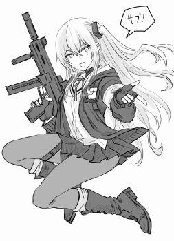 1girl 404_logo_(girls&#039;_frontline) :d armband boots collared_shirt commentary_request crossed_bangs double-parted_bangs dress_shirt eotech fingerless_gloves fuku_(fuku12290574) full_body girls&#039;_frontline gloves greyscale gun h&amp;k_ump hair_between_eyes highres holding holding_gun holding_weapon hood hood_down hooded_jacket jacket long_hair long_sleeves looking_at_viewer magazine_(weapon) miniskirt monochrome neck_ribbon one_side_up open_mouth pantyhose pleated_skirt ribbon scar scar_across_eye scar_on_face shirt skirt smile solo speech_bubble submachine_gun suppressor thigh_strap translation_request two-sided_fabric two-sided_jacket ump45_(girls&#039;_frontline) very_long_hair weapon
