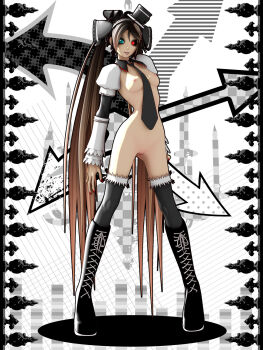 1girl 3d :p android aqua_eyes arrow_(symbol) between_breasts black_thighhighs boots bottomless bow breasts ca_(deino) calne_ca_(deino) checkered_background crustacean deino_(deino3330) detached_collar detached_sleeves earrings eyeshadow female_focus frilled_sleeves frills glowing glowing_eye goth_fashion gothic_lolita hair_bow hair_ribbon hat heterochromia highres isopod jewelry knee_boots lace lace-up_boots lolita_fashion long_hair makeup mini_hat mini_top_hat multicolored_hair nail_polish naked_necktie nato-kun necktie necktie_between_breasts original puffy_sleeves pussy revealing_clothes ribbon ribs solo thighhighs tongue tongue_out top_hat two-tone_hair uncensored very_long_hair vocaloid