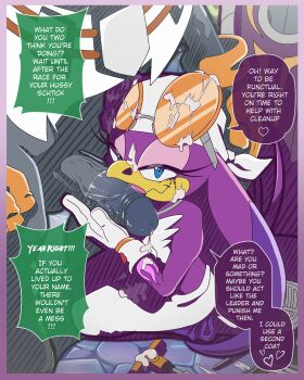 1boy 1girl bandana beak bird_boy bird_girl blue_eyes colored_skin cum cum_on_body cum_on_upper_body cumdrip facial fellatio furry gloves hand_on_another&#039;s_head hecticarts hetero highres jet_the_hawk kneeling licking licking_penis looking_at_viewer makeup mascara midriff oral penis penis_grab purple_skin sega size_difference smile sonic_(series) sonic_riders_(series) speech_bubble storm_the_albatross sunglasses sunglasses_on_head tongue wave_the_swallow