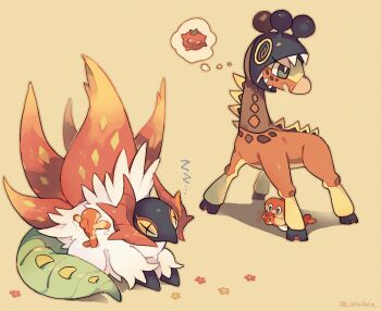 +_+ akadako berry_(pokemon) bright_pupils commentary_request eating farigiraf full_body grey_eyes holding lying nintendo no_humans open_mouth pokemon pokemon_(creature) simple_background sleeping slither_wing speech_bubble standing tamato_berry tatsugiri tatsugiri_(curly) thought_bubble white_pupils yellow_background zzz