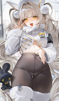 1girl :d absurdres armband black_armband blanc_(fortune_express)_(nikke) blanc_(nikke) blonde_hair boots brown_pantyhose commentary_request covered_navel fang fur-trimmed_boots fur-trimmed_jacket fur_trim goddess_of_victory:_nikke hair_ornament hand_up hat highres jacket long_hair long_sleeves looking_at_viewer no_pants official_alternate_costume open_mouth panties pantyhose pom_pom_(clothes) pom_pom_hair_ornament see-through_pantyhose shibuya_(kurokamishain) skin_fang smile solo thigh_boots twintails twitter_username underwear v white_boots white_hat white_jacket white_panties yellow_eyes