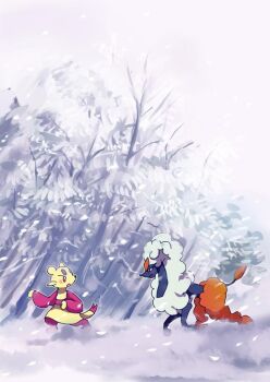commentary_request full_body furfrou furfrou_(diamond) gen_5_pokemon gen_6_pokemon looking_back mienfoo nintendo open_mouth outdoors pokemon pokemon_(creature) red_eyes snow snowing tree white_background wide_shot winter yuge_king