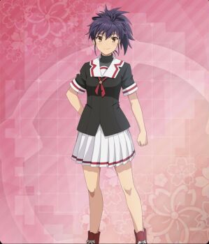 Rule 34 | 1girl, arm behind back, bare legs, black bow, black shirt, boots, bow, breasts, brown eyes, clenched hand, closed mouth, commentary request, dot nose, etou minato, feet out of frame, floral background, game cg, hair bow, high ponytail, highres, lace-up boots, looking at viewer, medium breasts, messy hair, neckerchief, official art, pink background, ponytail, purple hair, red boots, red neckerchief, renpu girls school uniform (old design), resized, sailor collar, shirt, short hair, short ponytail, short sleeves, sidelocks, skirt, smile, solo, third-party source, toji no miko, toji no miko: kizamishi issen no tomoshibi, upscaled, variant set, white sailor collar, white skirt