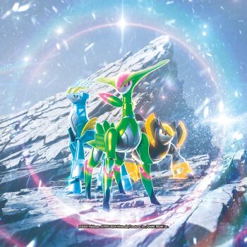 3d 5ban_graphics aqua_eyes black_sclera blue_sky closed_mouth colored_sclera company_name copyright_name copyright_notice day glowing horns iron_boulder iron_crown iron_leaves lens_flare mountain nintendo no_humans non-humanoid_robot official_art orange_eyes outdoors pink_eyes pixel_eyes pokemon pokemon_(creature) pokemon_focus pokemon_tcg robot robot_animal sky snowing third-party_source