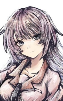 1girl absurdres bakemonogatari black_necktie blue_eyes blush breasts closed_mouth collarbone collared_shirt commentary highres juliet_sleeves long_hair long_sleeves looking_at_viewer medium_breasts monogatari_(series) naoetsu_high_school_uniform necktie pink_shirt portrait puffy_sleeves purple_hair school_uniform senjougahara_hitagi shirt simple_background solo tsukihi_shida white_background