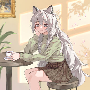 1girl absurdres animal_ear_fluff animal_ears arknights blush braid braided_sidelocks commentary grey_eyes grey_hair hair_between_eyes highres long_hair looking_at_viewer lord_boros_(bouluosi) pramanix_(arknights) side_braids sidelocks silverash_family_(arknights) snow_leopard_ears snow_leopard_girl twin_braids untranslatable_commentary very_long_hair