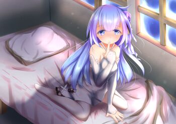 azur_lane bare_shoulders bed bed_sheet bedroom blush dress hair_bun hair_ribbon happydog9527 highres indoors leggings long_hair night no_shoes on_bed pillow purple_eyes purple_hair ribbon sitting solo stuffed_animal stuffed_toy unicorn_(azur_lane) very_long_hair white_dress window