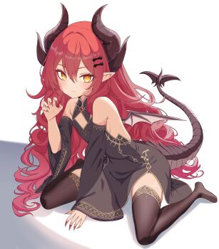 1girl absurdres bat_wings black_dress black_thighhighs breasts cleavage closed_mouth commentary_request curly_hair dark_skin dragon_girl dragon_horns dragon_tail dress fingernails full_body highres horns long_hair off-shoulder_dress off_shoulder orange_eyes original paw_pose pointy_ears red_hair red_nails scales sharp_fingernails shubashuba sideboob simple_background sitting small_breasts smile solo tail tan thighhighs thighs very_long_hair wariza wings yellow_eyes