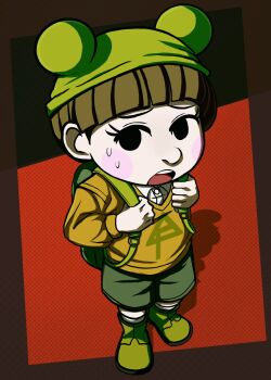 1boy backpack bag black_eyes blush boots border brown_border brown_hair eyebrows eyelashes full_body ginzaki_shouma green_bag green_boots green_shorts highres male_focus red_background shirt shorts simple_background solo solo_focus standing sweat sweatdrop the_hundred_line_-last_defense_academy- yellow_shirt