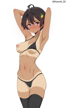 1girl absurdres ahoge armpit_focus armpits arms_up artist_name bare_shoulders bikini_tan black_bra black_hair blush bra breasts closed_mouth commentary food-themed_hair_ornament hair_ornament highres lemon_hair_ornament looking_at_viewer make_heroine_ga_oo_sugiru! medium_breasts navel nipples one_breast_out paid_reward_available panties presenting_armpit purple_eyes ribbed_panties ribbed_thighhighs roswell_ss short_hair simple_background solo standing stomach sweat tan tanline thighhighs twitter_username underwear white_background yakishio_lemon