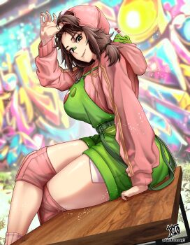 1girl absurdres adjusting_clothes adjusting_headwear animal_print arm_up backwards_hat badteenosgt bandaid bandaid_on_face bandaid_on_nose baseball_cap bethy black_scrunchie blurry blurry_background breasts bright_pupils brown_eyes brown_hair commentary commission crossed_legs english_commentary eyelashes feet_out_of_frame frog frog_print from_side graffiti green_overalls green_suspenders hair_ornament hair_scrunchie hat heart highres hood hood_down hoodie indie_virtual_youtuber knee_pads large_breasts light_particles long_sleeves looking_at_viewer looking_down medium_hair on_table outdoors overalls parted_lips pink_hat pink_hoodie scrunchie second-party_source sidelocks sitting smile socks solo table thick_thighs thighs tomboy twintails twitter_username virtual_youtuber white_pupils white_socks