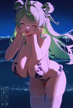 1girl :d absurdres animal_print antenna_hair artist_name bikini blurry bokeh bow breasts cleavage closed_eyes commentary_request cow_print cowboy_shot curvy depth_of_field double_bun goddess_of_victory:_nikke green_hair hair_bow hair_bun hands_on_own_cheeks hands_on_own_face hanging_breasts highres huge_breasts kotha_art long_hair mole mole_on_breast night night_sky ocean open_mouth outdoors plump ribbon_trim sideboob sidelocks skindentation sky smile soda_(nikke) solo swimsuit teeth thighhighs thighs two_side_up upper_teeth_only watermark white_bikini white_thighhighs