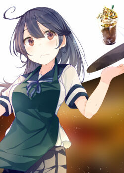 Rule 34 | 1girl, ahoge, apron, bad id, benio (dontsugel), blue hair, blue sailor collar, blush, breasts, brown eyes, closed mouth, clumsy, cup, disposable cup, drinking straw, dropping, green apron, grey skirt, hair between eyes, holding, holding tray, kantai collection, long hair, sailor collar, school uniform, serafuku, short sleeves, simple background, skirt, solo, sweat, tray, ushio (kancolle), wavy mouth