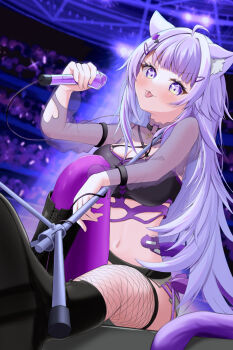 Rule 34 | 1girl, absurdres, ahoge, animal ear fluff, animal ears, asymmetrical legwear, blush, breasts, cat ears, cat girl, cat tail, choker, cleavage, closed mouth, clothing cutout, collarbone, commentary request, crop top, hair between eyes, hair ornament, heart cutout, highres, holding, holding microphone, hololive, large breasts, long hair, long sleeves, looking at viewer, microphone, microphone stand, navel, nekomata okayu, nekomata okayu (gyaru), o-ring, o-ring choker, official alternate costume, official alternate hair length, official alternate hairstyle, purple eyes, purple hair, scrunchie, short shorts, shorts, solo, stomach, tail, tongue, tongue out, torn clothes, torn shorts, tyepeti, uneven legwear, very long hair, virtual youtuber, white shorts