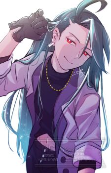 1girl adjusting_hair black_gloves clothing_cutout commentary_request earrings gloves green_eyes grey_jacket head_tilt highres jacket jewelry long_hair midriff navel nintendo nirugiri_(nirgy) official_alternate_costume official_alternate_hairstyle pokemon pokemon_masters_ex pokemon_sv red_eyes rika_(palentine's_2026)_(pokemon) rika_(pokemon) smile solo stomach_cutout very_long_hair