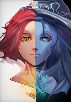 2girls absurdres artist_logo blue_eyes blue_hair blue_skin brown_eyes close-up closed_mouth colored_skin cracked_skin elden_ring hat highres large_hat logo long_hair medium_hair melina_(elden_ring) multiple_girls ranni_the_witch red_hair satsu-strive simple_background split_screen two-tone_background witch witch_hat