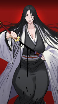 1girl 69_(artist) bankai black_hair black_kimono bleach bleach:_sennen_kessen-hen breasts cleavage curvy dripping grey_eyes haori holding holding_sword holding_weapon huge_breasts japanese_clothes katana kimono large_breasts lips long_hair mature_female minazuki_(bankai) narrowed_eyes red_background shihakusho solo standing straight_hair sword thick_thighs thighs unohana_retsu weapon white_haori zanpakutou