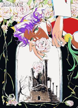 2girls bare_shoulders bindi dark-skinned_female dark_skin dated flower flower_in_mouth glasses green_eyes highres himemiya_anthy jewelry multiple_girls parted_bangs purple_hair red_vest ring rose short_hair shoujo_kakumei_utena sketch tassel tiara vest wavy_hair windychariot yuri