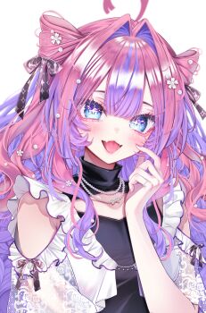 1girl :d absurdres ahoge alternate_costume alternate_hairstyle bead_necklace beads black_bow black_shirt blue_eyes bow center-flap_bangs clothing_cutout commentary_request double-parted_bangs fangs flower frilled_jacket frills hair_between_eyes hair_bow hair_flower hair_intakes hair_ornament hand_up highres hololive hololive_dev_is iam_ciikawa jacket jewelry kikirara_vivi lace lace_sleeves looking_at_viewer necklace open_mouth pearl_necklace pink_hair portrait ring shirt short-sleeved_jacket short_sleeves shoulder_cutout sidelocks simple_background skin_fangs smile turtleneck turtleneck_shirt virtual_youtuber wavy_hair white_background white_jacket