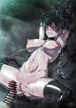 1boy 1girl ajula_wachula bar_censor black_gloves black_hair black_thighhighs breasts censored chain clenched_teeth collar commission elbow_gloves final_fantasy final_fantasy_vii gloves hetero highres imminent_penetration imminent_rape large_breasts long_hair low-tied_long_hair lying nipples nude on_back penis pussy red_eyes restrained skeb_commission spread_legs tears teeth thighhighs tifa_lockhart wet