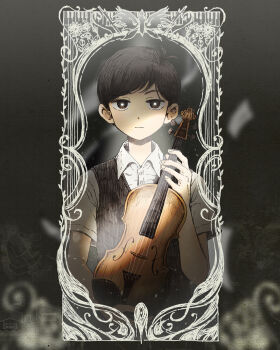 1boy :| anniversary antenna_hair bare_arms black_background black_eyes black_hair black_sweater_vest blurry blurry_foreground bright_pupils brother_and_sister buttons closed_mouth collared_shirt commentary english_commentary expressionless fingernails glowing glowing_eyes hair_behind_ear hand_up hatching_(texture) highres holding holding_instrument holding_violin instrument jitome looking_at_viewer male_focus mari_(faraway)_(omori) mari_(omori) musical_staff official_art omocat omori shirt short_hair short_sleeves siblings simple_background solo something_(omori) sunny_(omori) sweater_vest swept_bangs upper_body very_short_hair violin white_pupils white_shirt