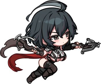 1girl agravaine black_hair bow_(weapon) breasts chibi chibi_only crossbow full_body game_asset grey_eyes large_breasts lost_sword:_tales_of_britania medium_hair official_art torn_clothes weapon