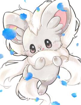 Rule 34 | :p, animal focus, black eyes, blue petals, cinccino, closed mouth, falling petals, fluffy, full body, gen 5 pokemon, grey fur, highres, looking at viewer, miketoevecan, neck fur, nintendo, no humans, petals, pokemon, pokemon (creature), pokemon focus, simple background, smile, solo, tongue, tongue out, white background, white fur