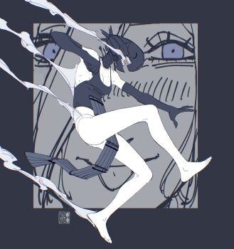 1girl alternate_form apron barefoot black_apron black_gloves bomb bomb_devil_(chainsaw_man) chainsaw_man elbow_gloves explosive full_body gloves grenade_pin highres imminent_attack jumping limited_palette mazaochizao object_head reference_inset reze_(chainsaw_man) signature solo teeth