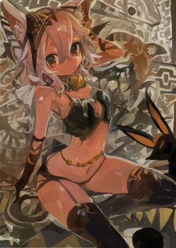1girl absurdres ancient_egyptian_clothes animal_ear_fluff animal_ears black_panties black_thighhighs brown_egyptian_cat-eared_loli_(trend) cat_ears cat_girl commentary_request garter_straps gloves grey_hair headscarf highres jackal jewelry kaamin_(mariarose753) navel original panties partially_fingerless_gloves red_eyes solo thighhighs underwear