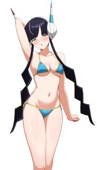 1girl absurdres alternate_costume arm_up armpits bikini black_hair blue_bikini blue_eyes blunt_bangs breasts commentary_request elesa_(pokemon) headphones highres medium_breasts navel nintendo patty_ojisan pokemon pokemon_bw2 simple_background solo standing stomach swimsuit thighs undersized_breast_cup undersized_clothes white_background
